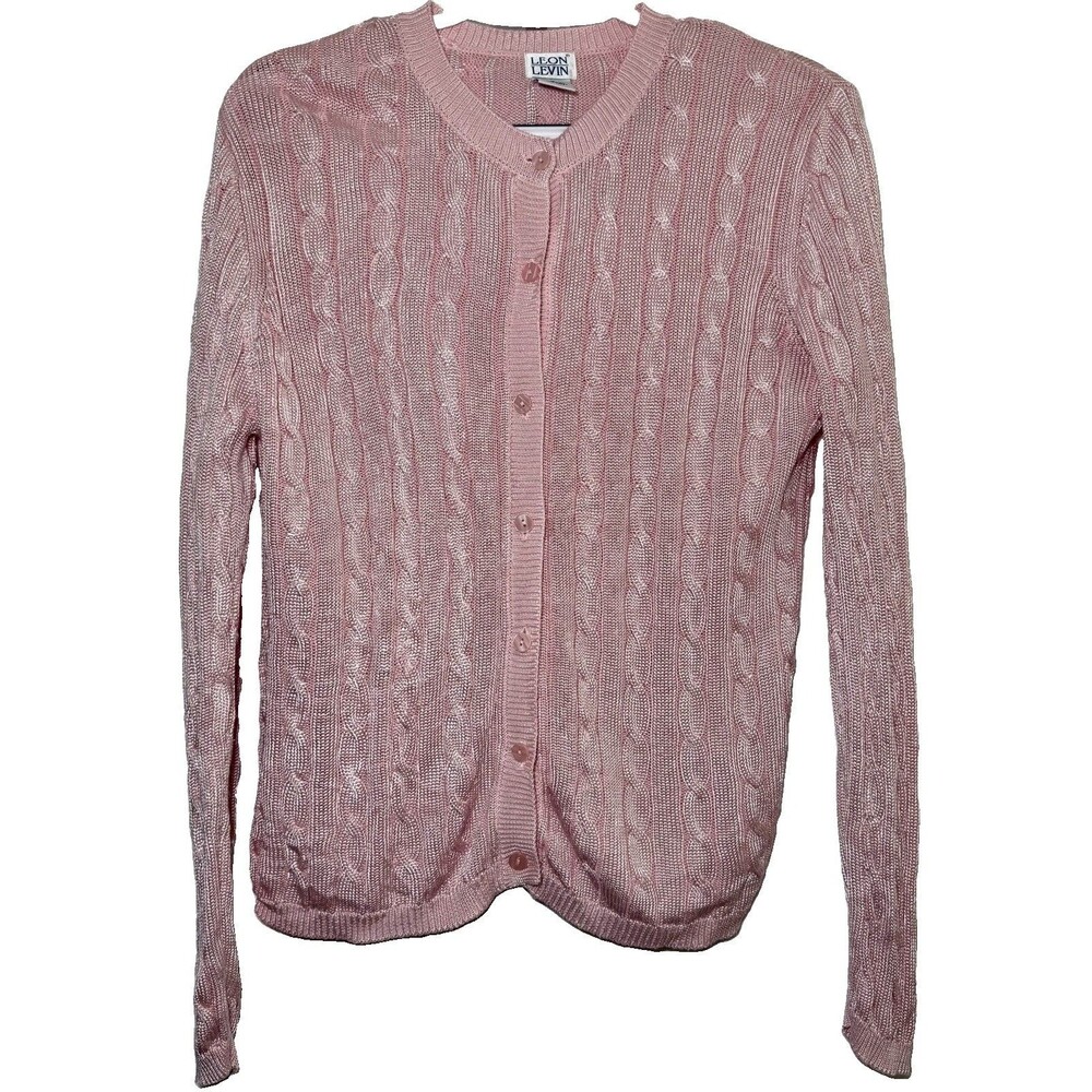 Leon Levin Pink Cable Knit Cardigan Sweater Women’s M Button Front Rayon Cotton